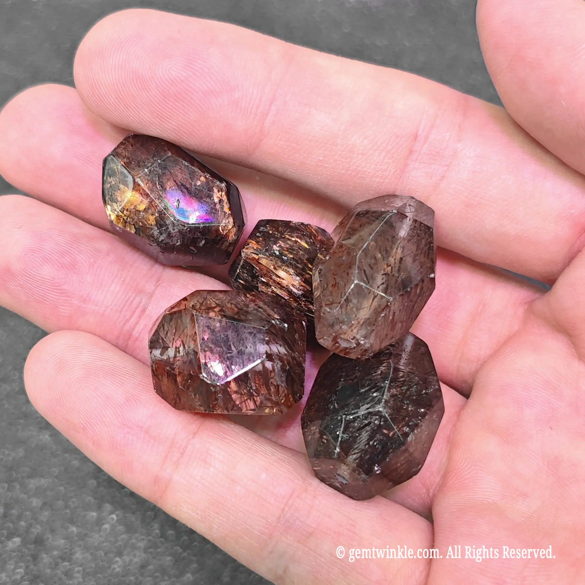 freeform super seven quartz beads featuring multi faceted polished surface and metallic flash