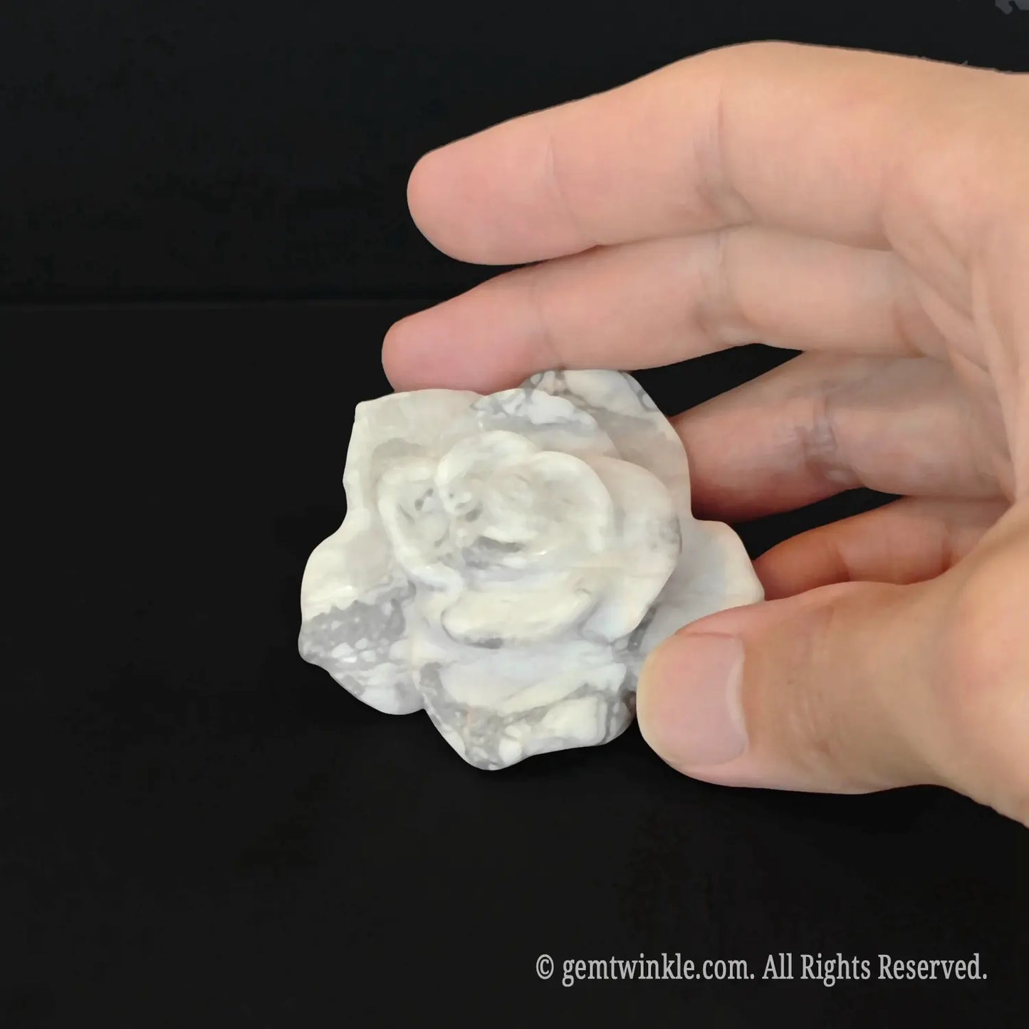 Natural untreated white howlite crystal flower carving pocket gemstone token with distinct grey webbed matrix veins