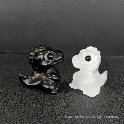 B2B low MOQ crystal wholesale pocket dinosaur figurines in clear quartz and black obsidian for small businesses