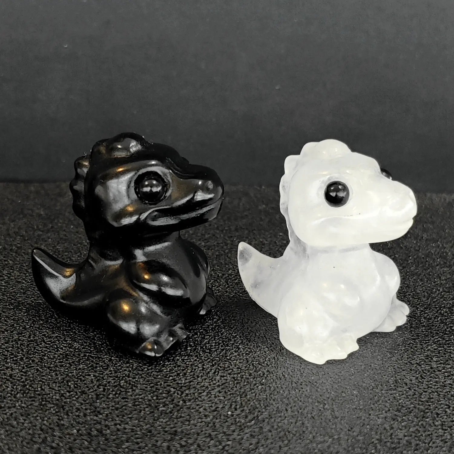 Natural crystal baby dinosaur wholesale black obsidian and clear quartz carvings miniature dragon figurines pair