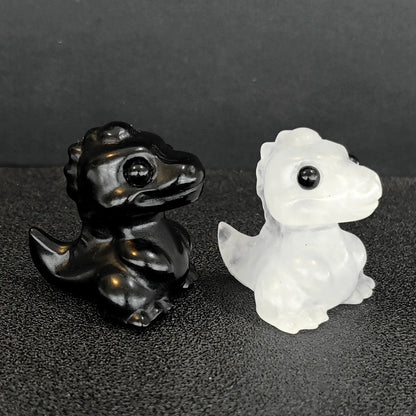 Natural crystal baby dinosaur wholesale black obsidian and clear quartz carvings miniature dragon figurines pair