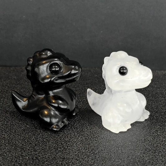 Natural crystal baby dinosaur wholesale black obsidian and clear quartz carvings miniature dragon figurines pair