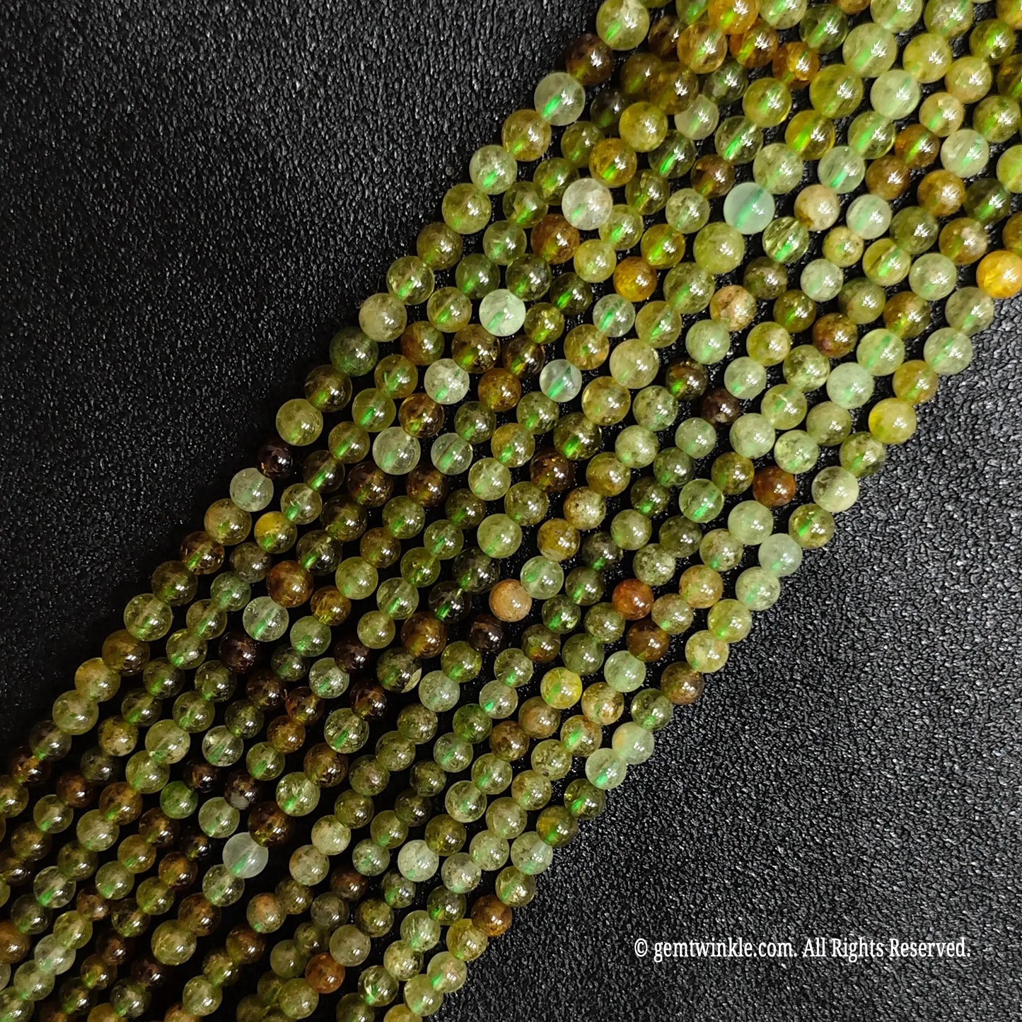 multiple loose strands of genuine 3mm micro green garnet crystal beads for wholesale supply