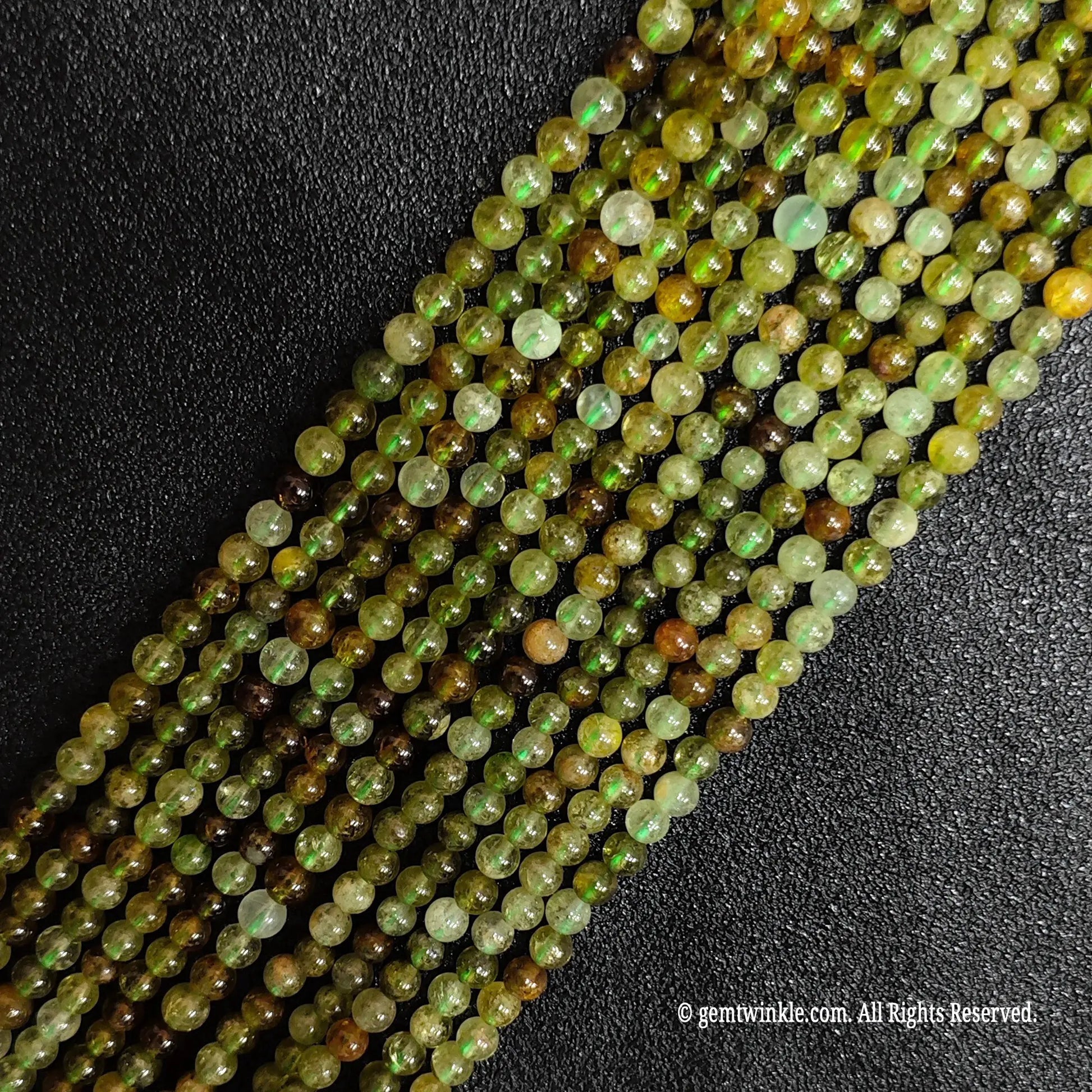 multiple loose strands of genuine 3mm micro green garnet crystal beads for wholesale supply