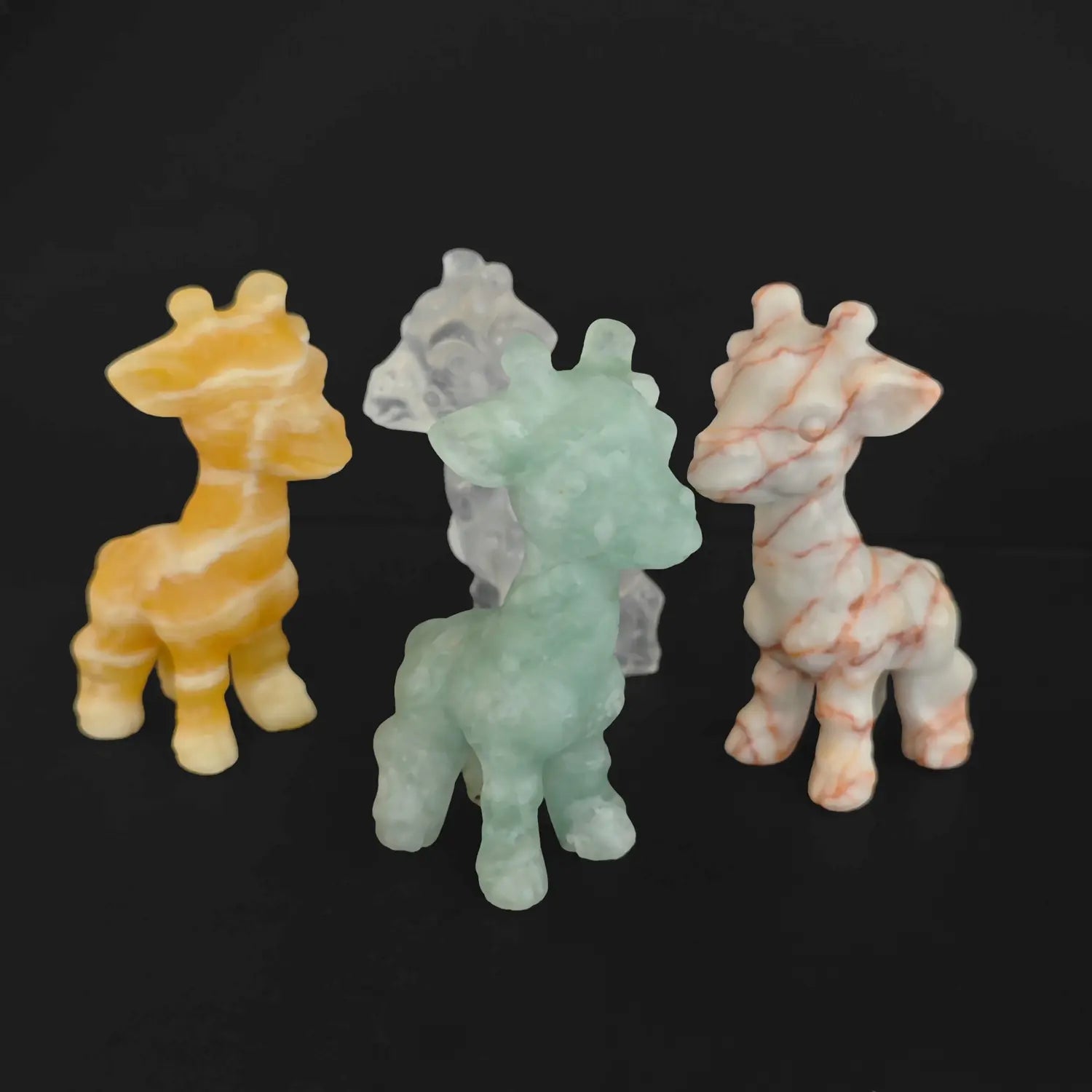 Milk Quartz, Red Striped Stone, Calcite and Green stone giraffe figurines