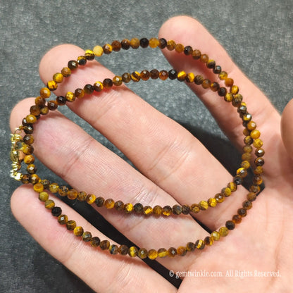 Golden Tiger Eye gemstone collar necklace featuring 3mm micro faceted golden brown beads and gold extender
