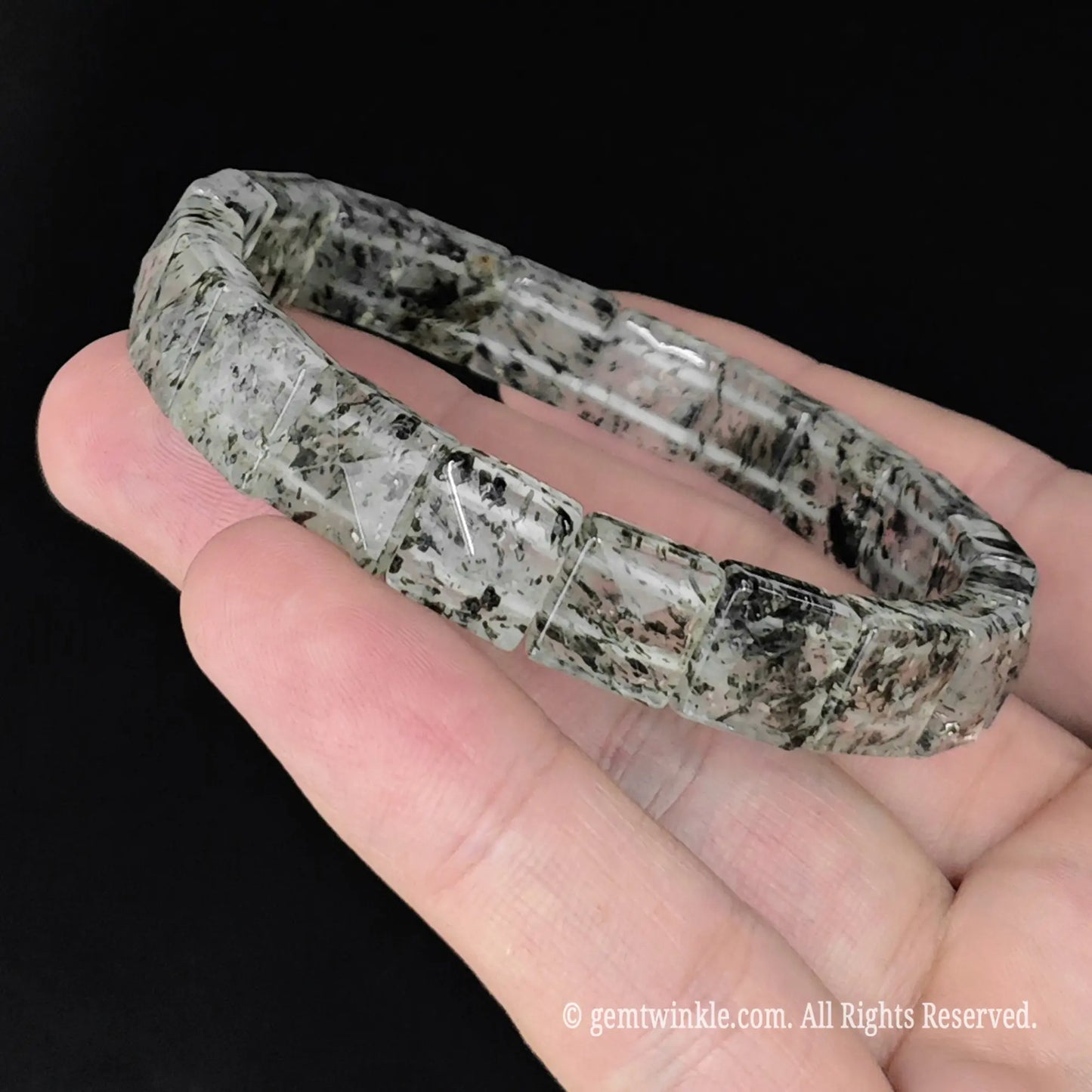 10mm clear quartz with natural green mica flake inclusions faceted prism bracelet