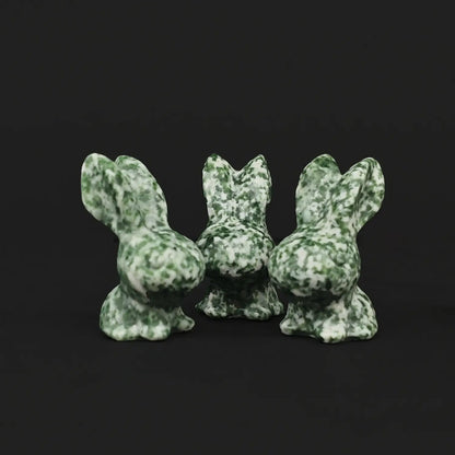 Bulk 4cm green snowflake stone big ears bunny crystal carvings showcasing unique spotted patterns from direct Donghai wholesale supplier