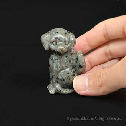 Unique natural grey spotted stone hand carved angel dog figurine ideal for pet memorial tributes
