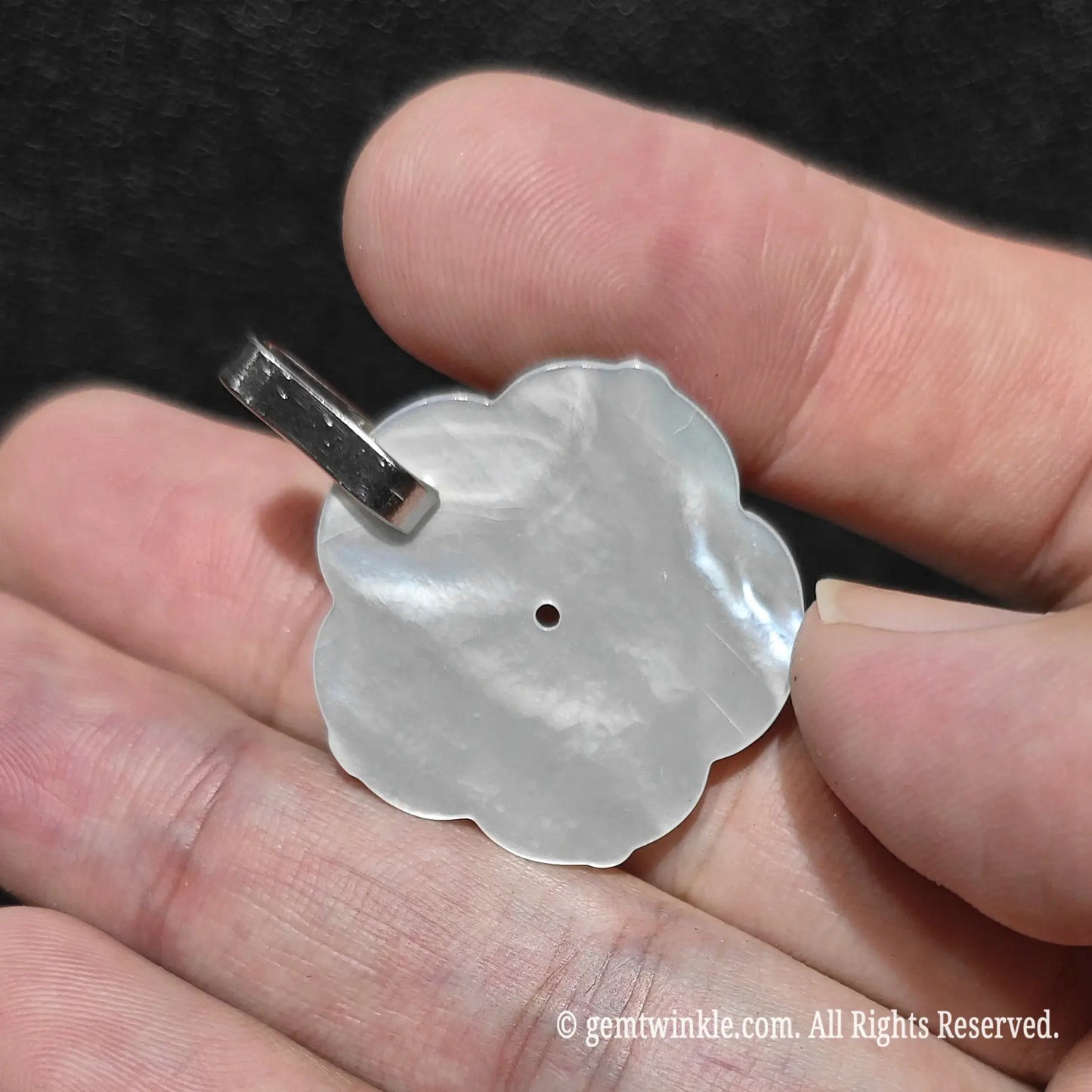 Back view of 25mm grey shell blossom pendant resting on fingertips showing smooth polished flat backing and top bail clip
