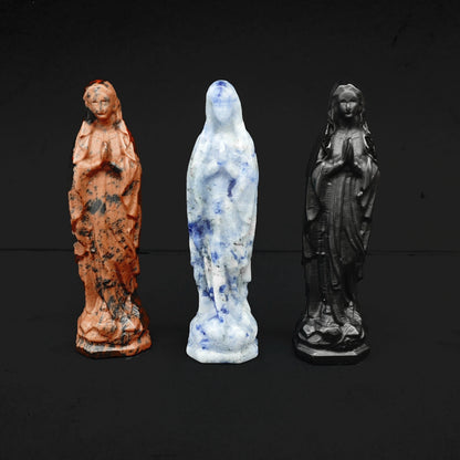 Assorted natural stone Virgin Mary figurines in mahogany obsidian, sodalite, and black obsidian for spiritual wholesale