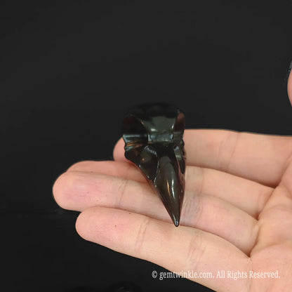 Handheld obsidian raven skull carving highlighting its 6cm size