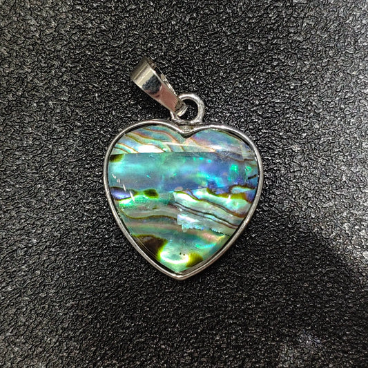 Heart-shaped composite abalone shell pendant 25mm with patchwork rainbow sheen in silver alloy frame