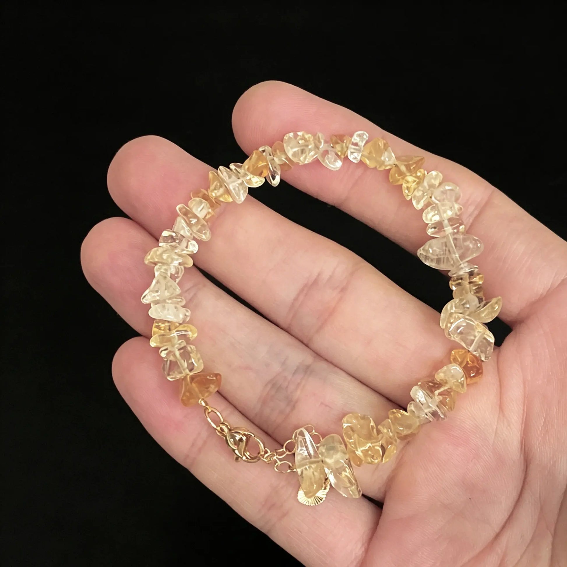 heat treated citrine chip bracelet with gold tone extender chain for boutique jewelry supply