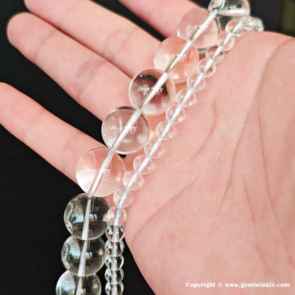 High polish natural clear quartz gemstone strands for healing jewelry designs, live video selection available for small businesses