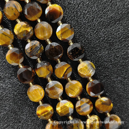 Side view of honey tiger eye star cut flat disc beads showing edge thickness