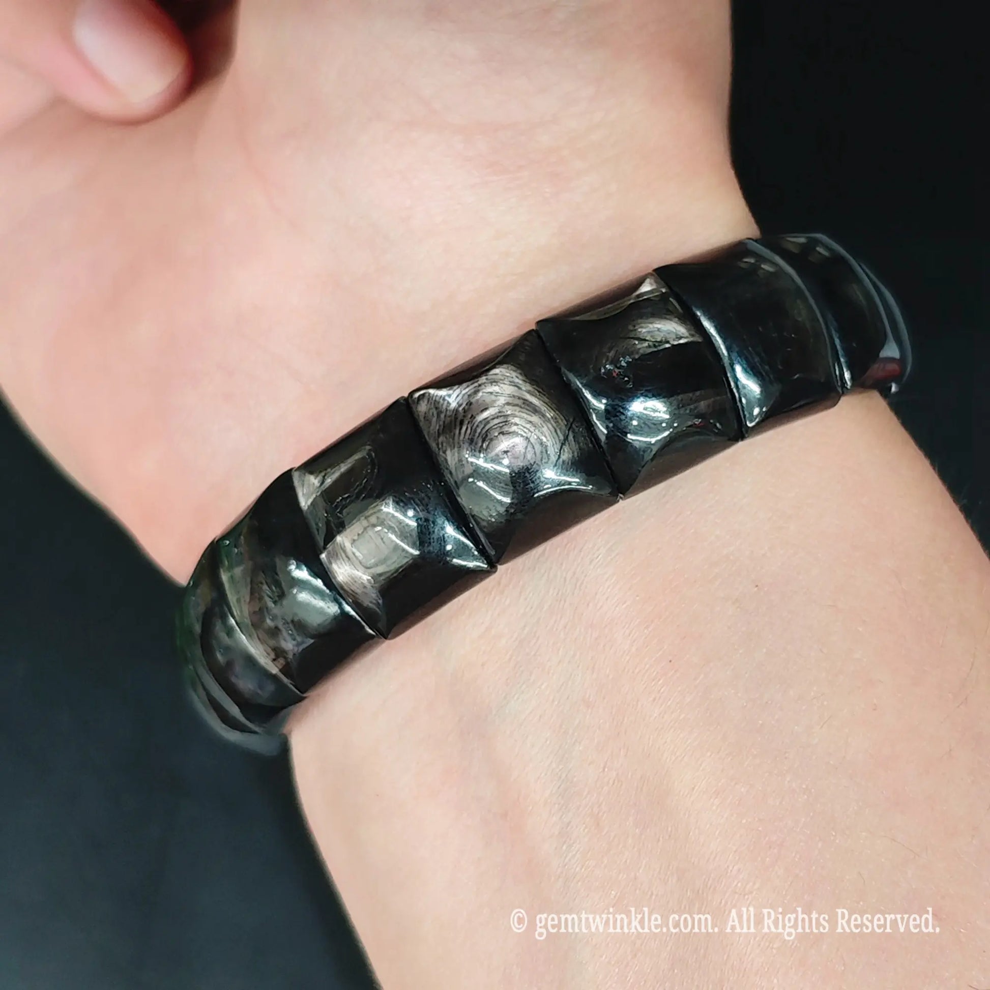 Hypersthene metallic sheen tile cuff bracelet styled on wrist displaying comfortable 17cm fit and sleek profile