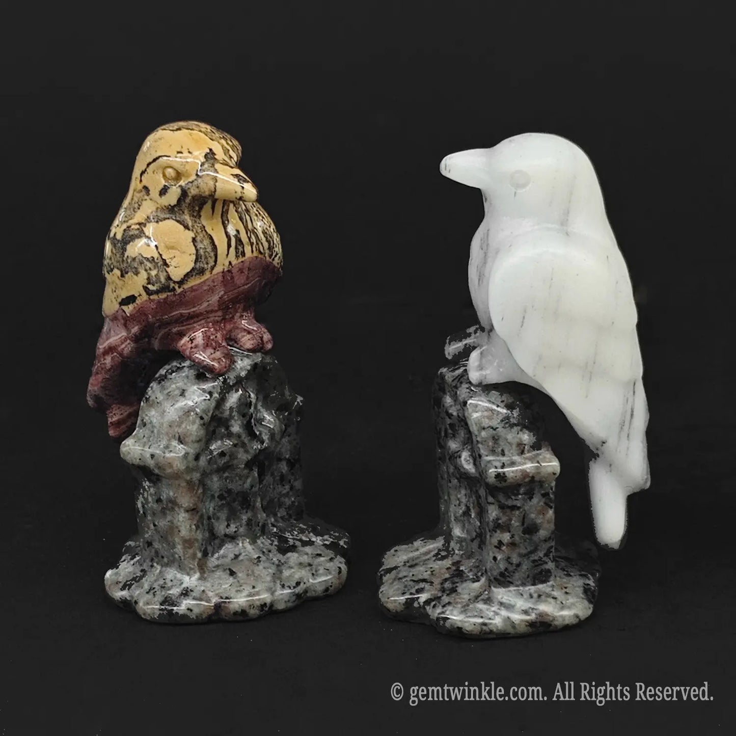 Front side view of an ink wash white quartz crow statue with an elegant matte finish an ideal centerpiece for alternative gothic home styling