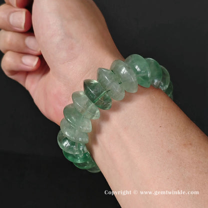 On wrist view showing a large green fluorite 20mm plus plate cuff bracelet on an 18cm wrist