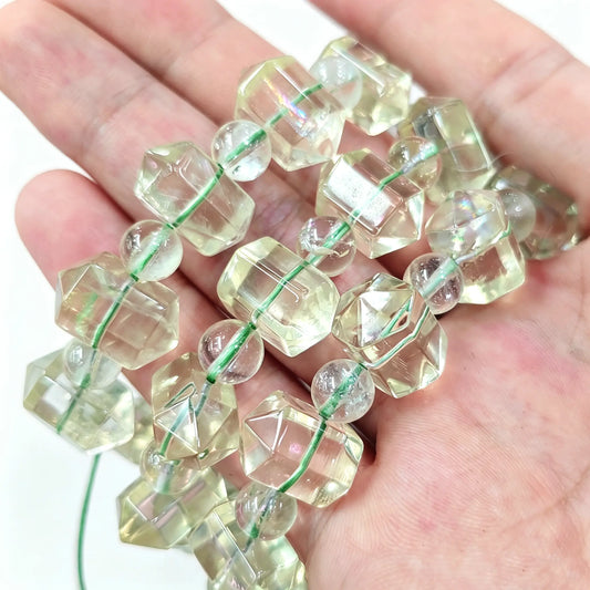 Lemon quartz bracelet 16mm double terminated faceted point beads on elastic cord for 17 cm wrist