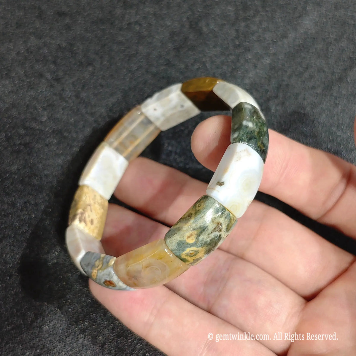 Pair of natural ocean jasper rectangle plate bead stretch bracelets held on hand for small batch boutique supply