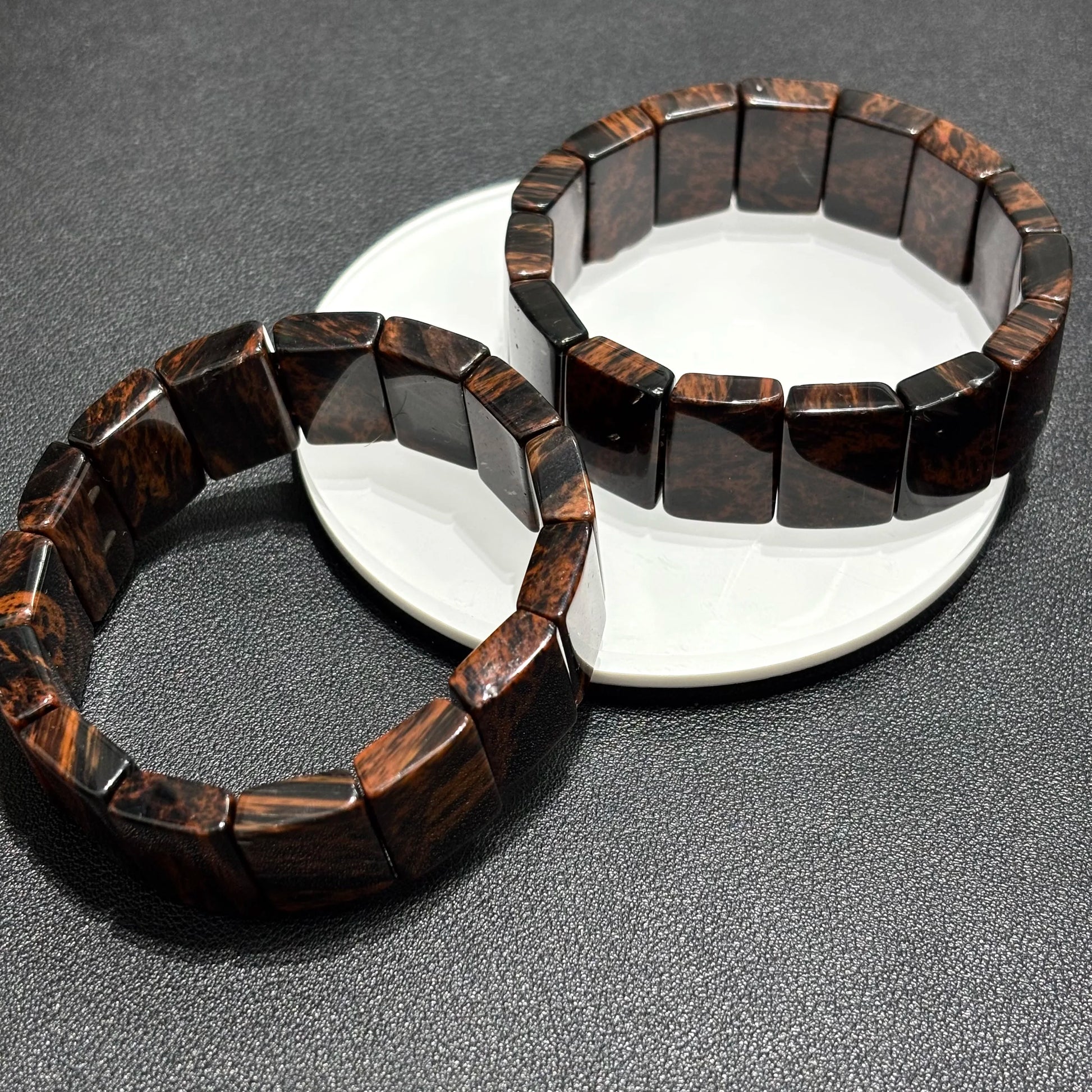 Pair of Mahogany Obsidian Bangle Bracelets on Grey Background, Vintage Style, 20x14mm Bead Size, Elastic Stretch Fit