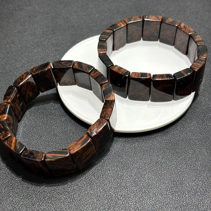 Pair of Mahogany Obsidian Bangle Bracelets on Grey Background, Vintage Style, 20x14mm Bead Size, Elastic Stretch Fit