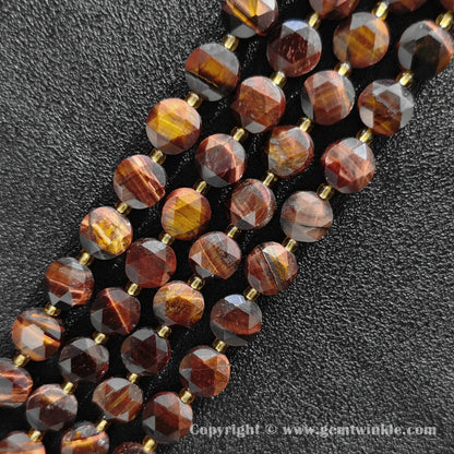 Close up view of mahogany red tiger eye star faceted flat wheel beads