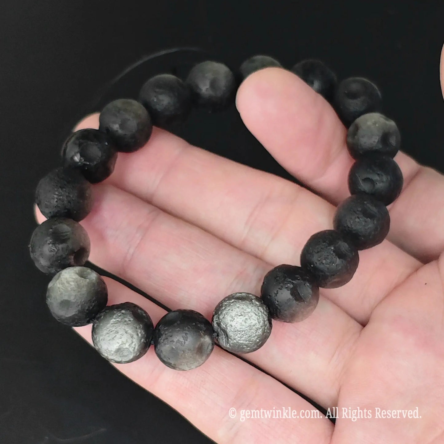 Frosted Silver Sheen Obsidian Crater Bead Stretch Bracelet Circular View