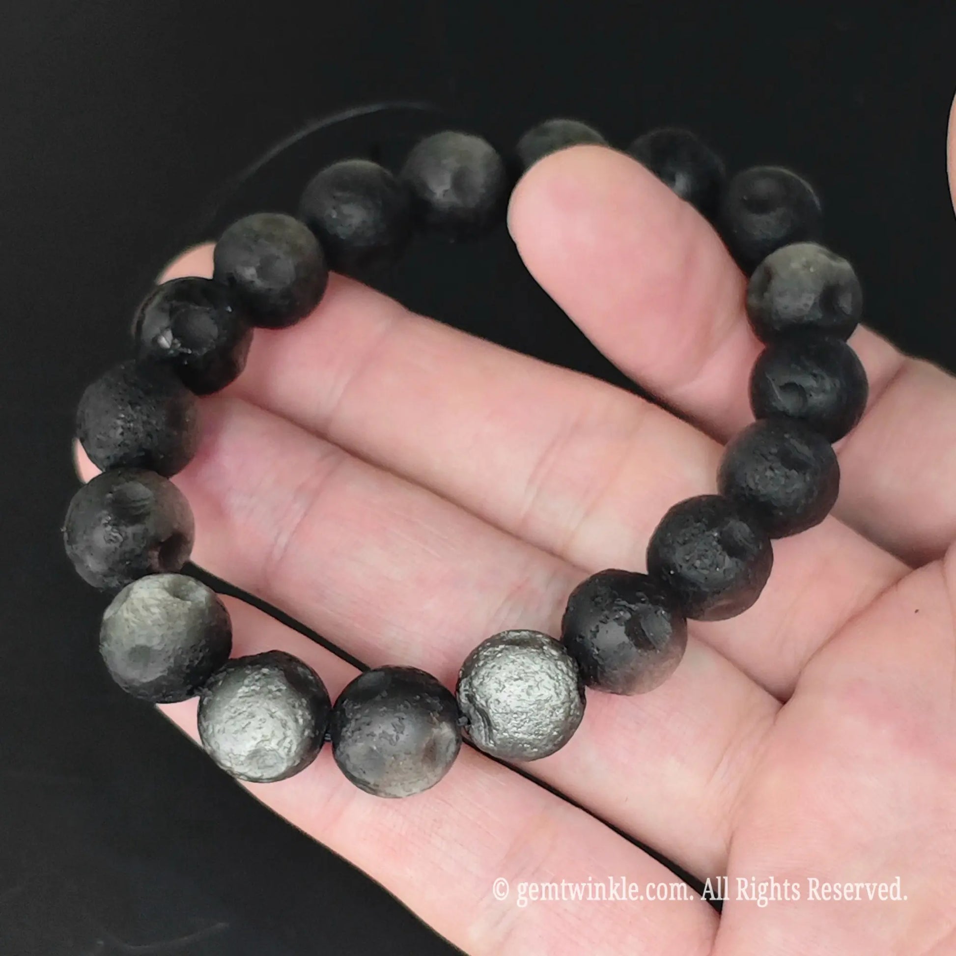 Frosted Silver Sheen Obsidian Crater Bead Stretch Bracelet Circular View