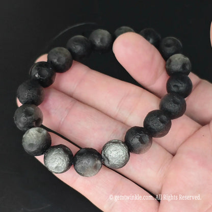 Frosted Silver Sheen Obsidian Crater Bead Stretch Bracelet Circular View