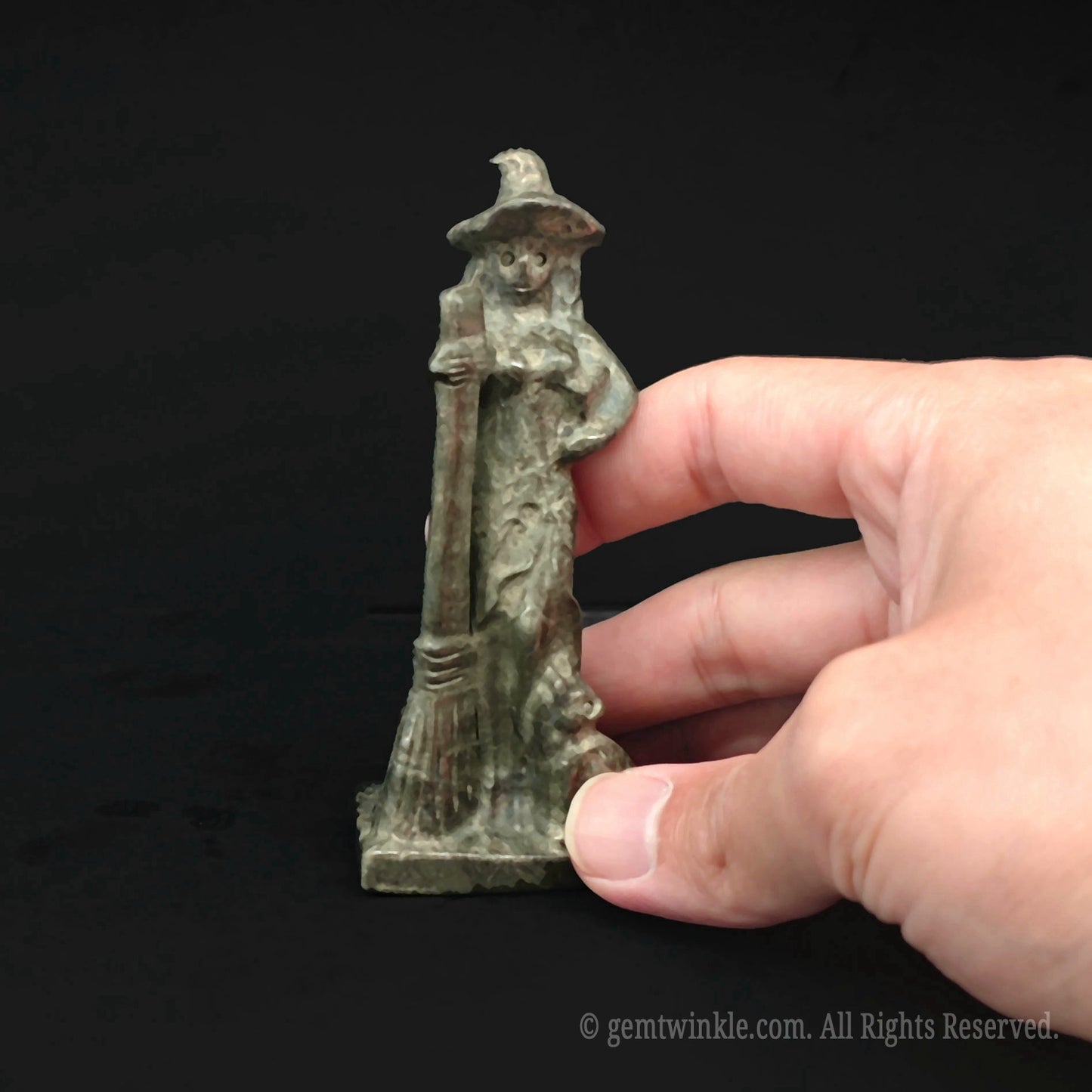 Close up of the polished 10cm fool gold pyrite sorceress statue perfect for premium wiccan and metaphysical boutique store inventory