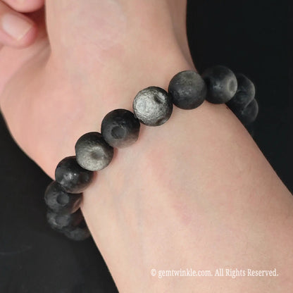 Lunar Meteor Crater Silver Obsidian Beaded Bracelet Worn on Wrist