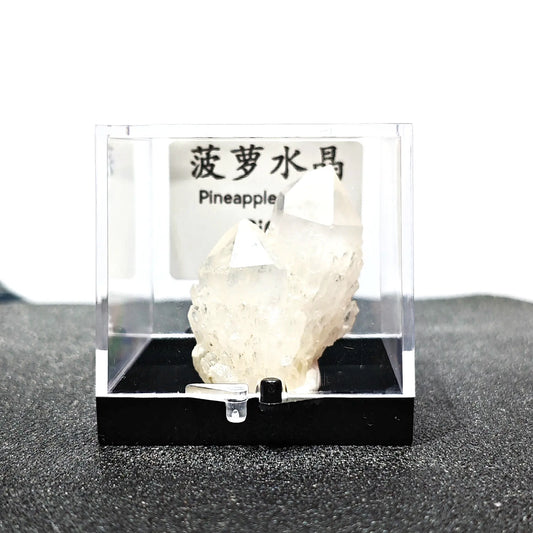 Natural opaque milky pineapple quartz crystal cluster mounted in 9cm acrylic display box with ID label