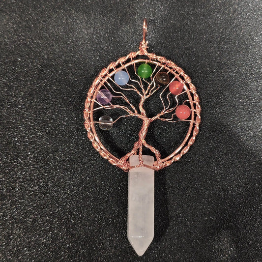 Antique copper-tone wire tree of life wrapped opaque milky quartz point pendant with multi color beads