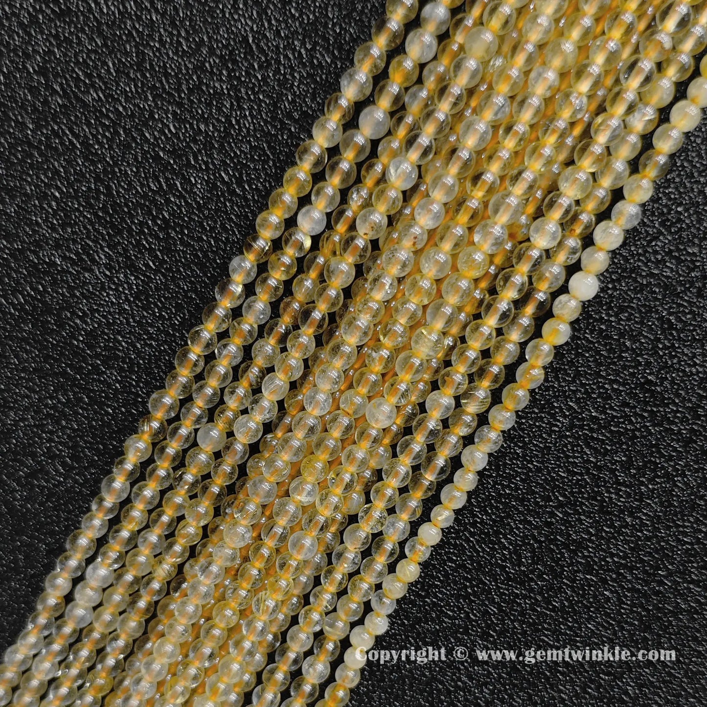 Four delicate strands of genuine B grade 3mm gold hair quartz minimalist gemstone beads displaying clear matrix zones from factory supplier
