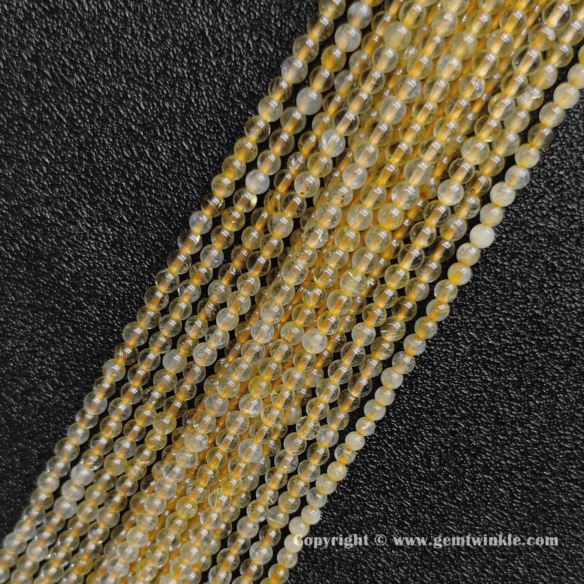Four delicate strands of genuine B grade 3mm gold hair quartz minimalist gemstone beads displaying clear matrix zones from factory supplier