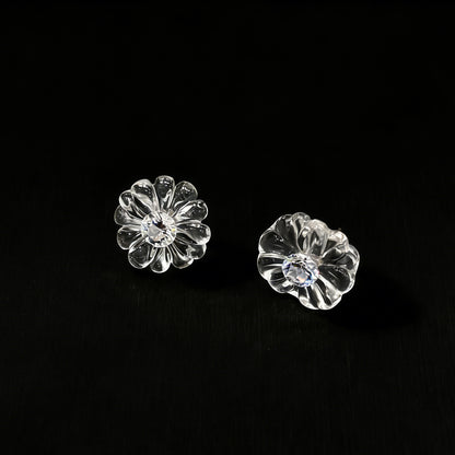 Side View of Minimalist White Flower Stud Earrings