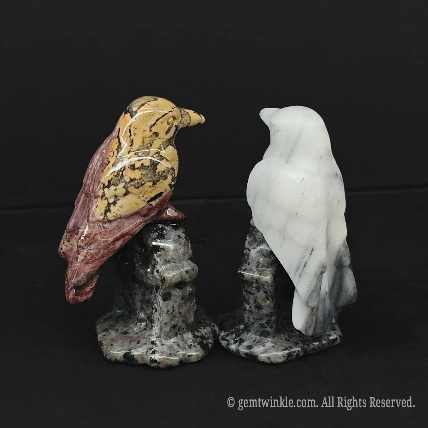 Back view of natural mixed stone raven carvings showing detailed feathers and rustic headstone bases perfect for spooky Halloween decor