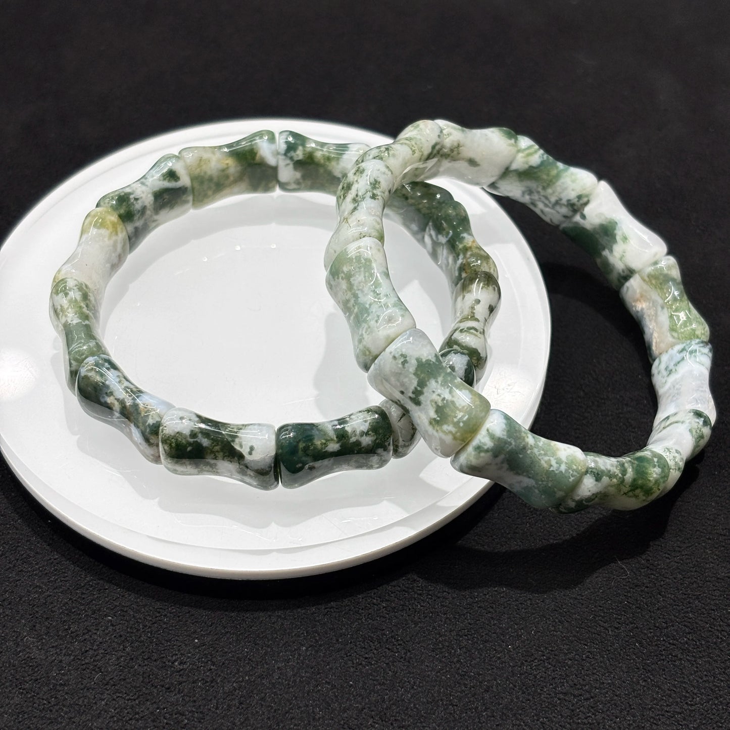 Natural moss agate bamboo bead bracelet presented in its packaging, perfect for gifting on occasions like birthdays or Valentine's Day.
