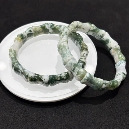 Natural moss agate bamboo bead bracelet presented in its packaging, perfect for gifting on occasions like birthdays or Valentine's Day.