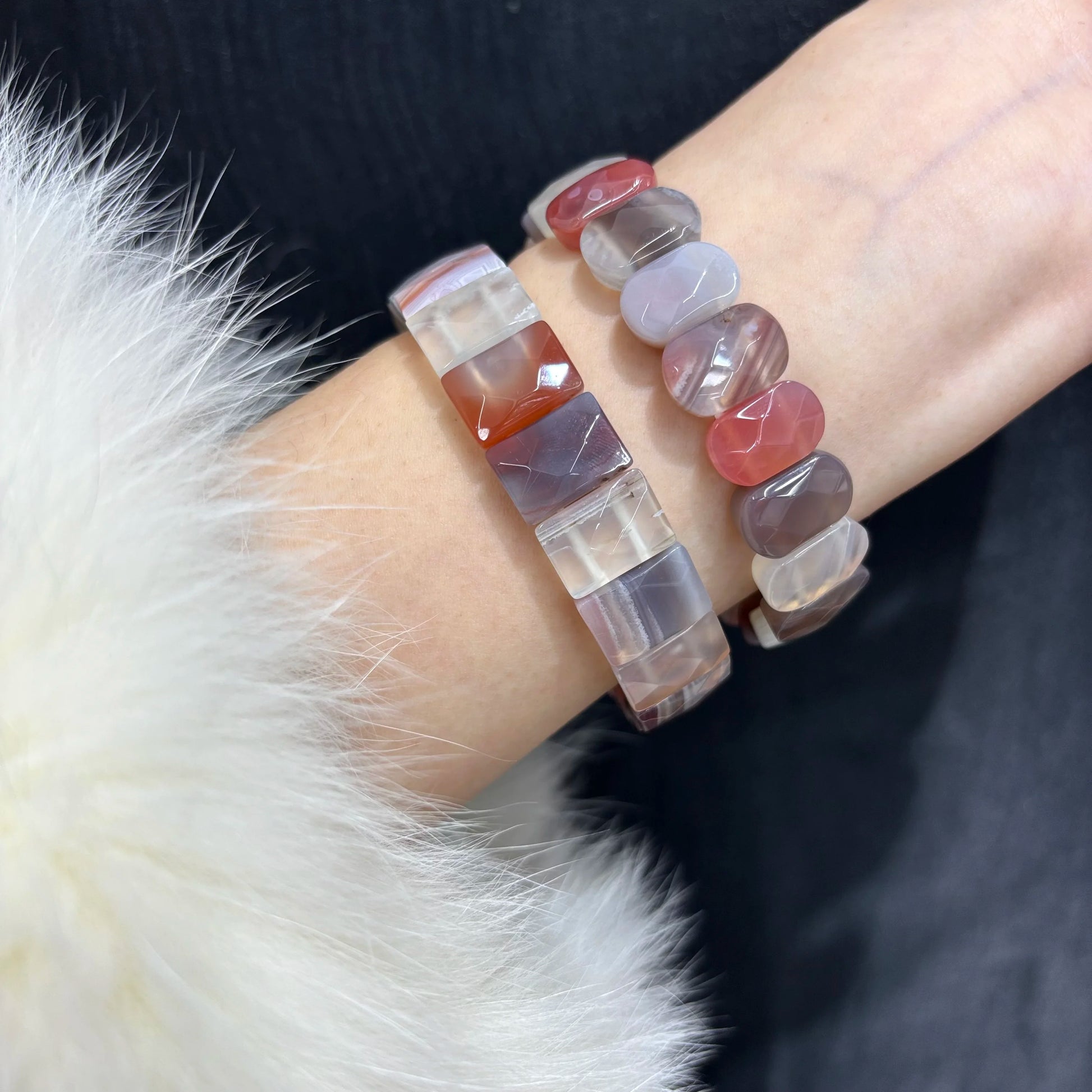 Multi Color Agate Cube Bangle Bracelet Worn on Wrist - Pink, Brown, and White Pattern - 18cm Elastic Stretch - Boho Style