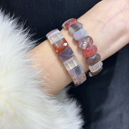 Multi Color Agate Cube Bangle Bracelet Worn on Wrist - Pink, Brown, and White Pattern - 18cm Elastic Stretch - Boho Style