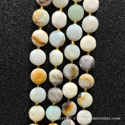Side view of multicolor amazonite star cut flat disc beads showing edge thickness