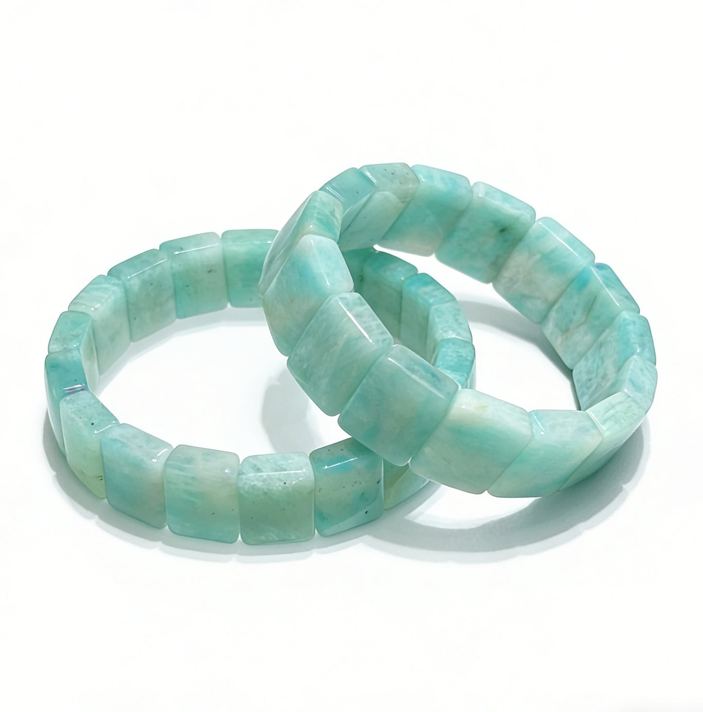 Natural Amazonite Bangle Bracelet, 18cm stretch square bead bracelet, showcasing the soothing blue-green color and polished finish.