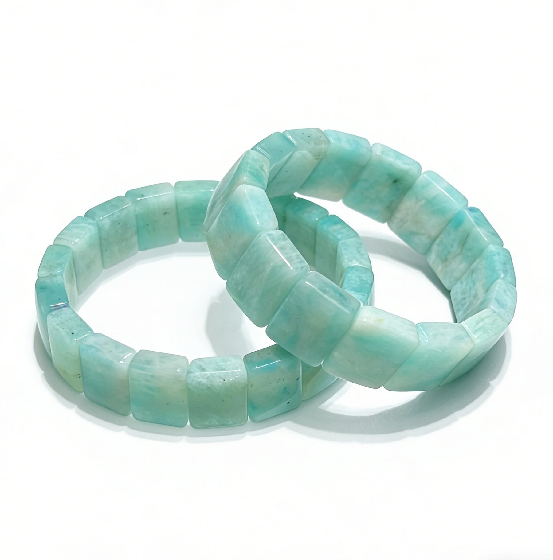Natural Amazonite Bangle Bracelet, 18cm stretch square bead bracelet, showcasing the soothing blue-green color and polished finish.