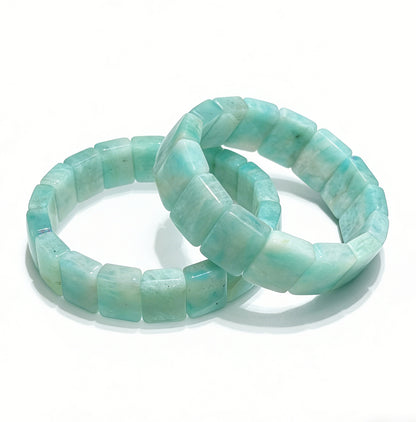 Natural Amazonite Bangle Bracelet, 18cm stretch square bead bracelet, showcasing the soothing blue-green color and polished finish.