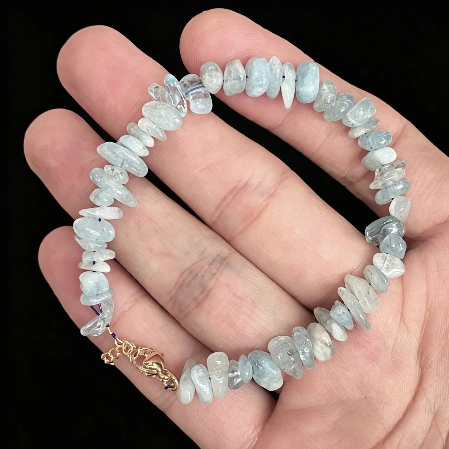 natural aquamarine chip bracelet on wrist showcasing 15cm to 18cm sizing