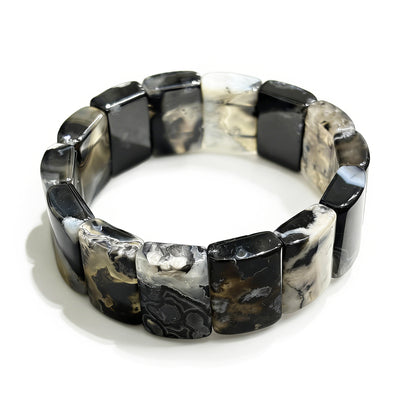 Natural Black Flower Agate Bamboo Bangle Bracelet 21x14mm Square Stone 18cm Elastic Stretch Unisex Spiritual Reiki Jewelry Men Women Gift Gem's Twinkle