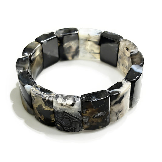 Natural Black Flower Agate Bamboo Bangle Bracelet 21x14mm Square Stone 18cm Elastic Stretch Unisex Spiritual Reiki Jewelry Men Women Gift Gem's Twinkle
